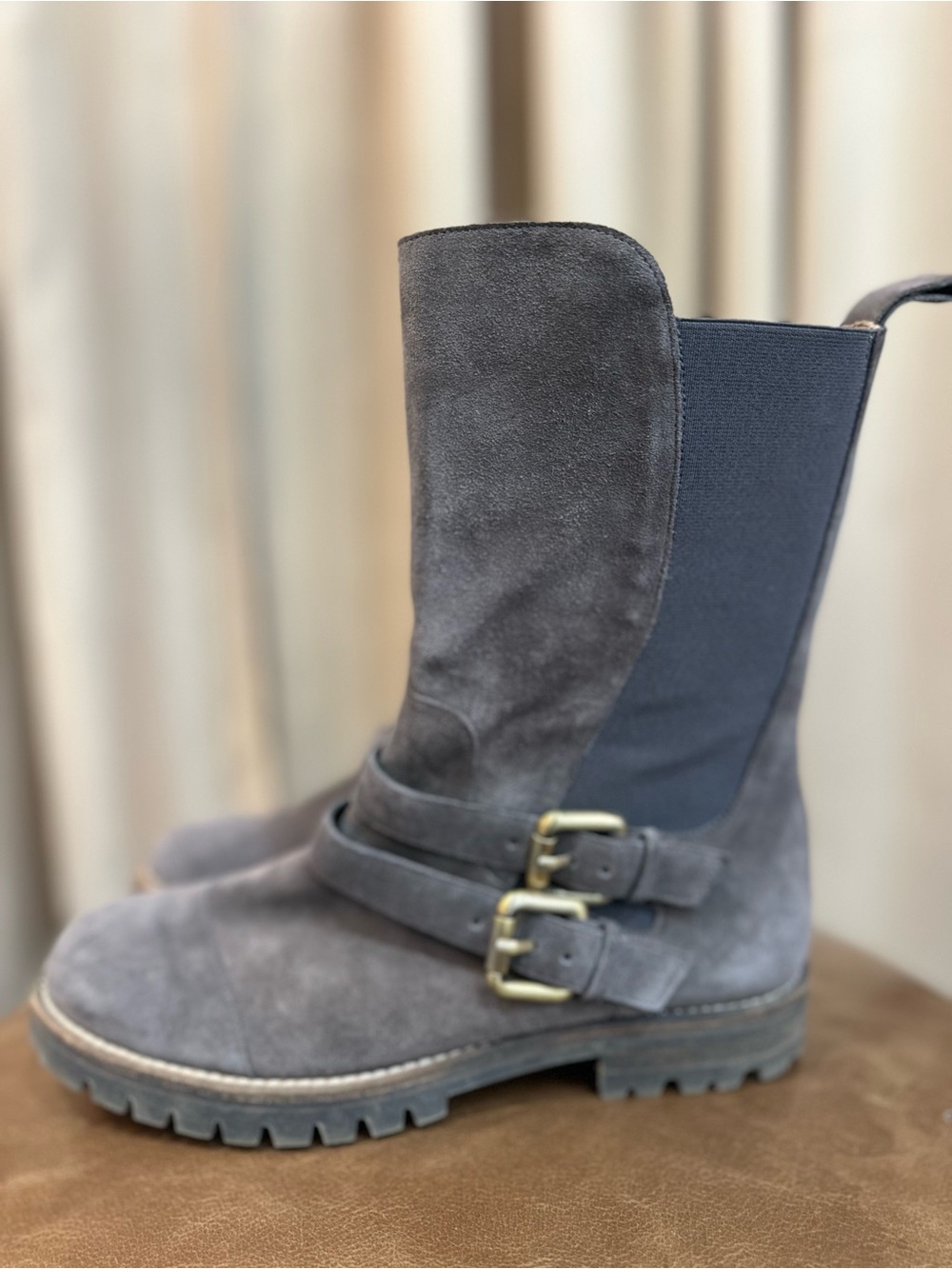 Manolo Blahnik Gray Suede Buckle Combat Boots